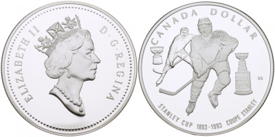 Канада 1 доллар 1993 кубок Стенли по хоккею с шайбой KM 235 серебро PROOF 1071-10-43