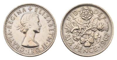 Великобритания 6 пенсов 1967 Елизавета II (1952-2022) KM 903, Spink 4149 медно-никель 4696-834