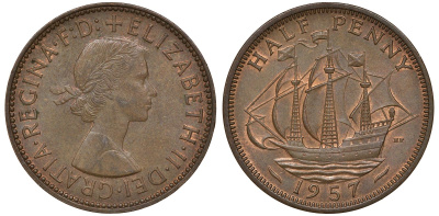 Великобритания 1/2 пенни 1957 Елизавета II (1952-2022) KM 896, Spink 4158 бронза 4163-613