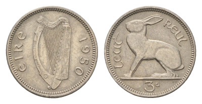 Ирландия 3 пенса 1950 заяц KM 12a медно-никель 4690-317