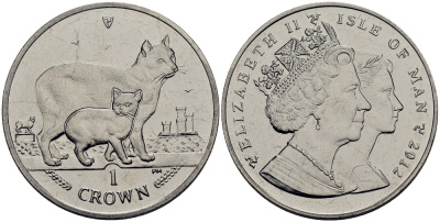 Остров Мэн 1 крона 2012 мэнская кошка с котенком KM 1538 медно-никель UNC 4125-112