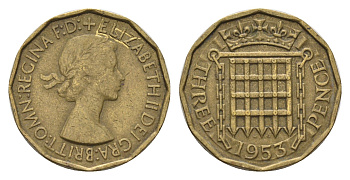 Великобритания 3 пенса 1953 Елизавета II (1952-2022) KM 886, Spink 4152 никель латунь 4707-217