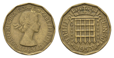 Великобритания 3 пенса 1953 Елизавета II (1952-2022) KM 886, Spink 4152 никель латунь 4707-217