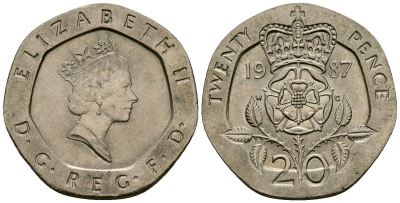 Великобритания 20 пенсов 1987 Елизавета II (1952-2022) KM 939, Spink 4361 (G2) медно-никель 4538-951