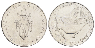 Ватикан 100 лир 1970 MCMLXX KM 122 нержавеющая сталь UNC 4700-646