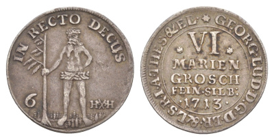 Брауншвейг-Каленберг-Ганновер 6 мариенгрошей 1713 дикарь, Георг I (1698-1727), из коллекции Ричарда Б. Смита Welter 2182 серебро 00-821-30