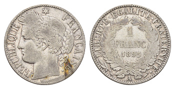 Франция 1 франк 1895 A KM 822 серебро 51-1922