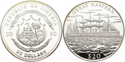 Либерия 20 долларов 2000 пароход "GREAT EASTERN" KM 658 серебро PROOF 11-155-12