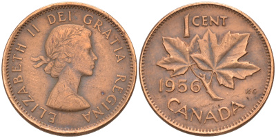 Канада 1 цент 1956 Елизавета II (1952-2022), кленовый лист KM 49 бронза 188-747