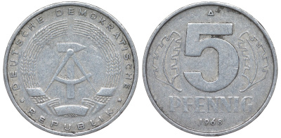 ГДР 5 ПФЕННИГОВ 1968 A KM 9.1 алюминий 62-121