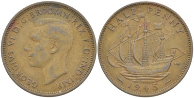 Великобритания 1/2 пенни 1945 Георг VI (1936-1952) KM 844, Spink 4115 бронза 65-124