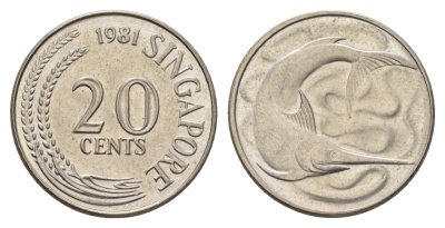 Сингапур 20 центов 1981 голубой марлин, тунец KM 4 медно-никель UNC 4401-446