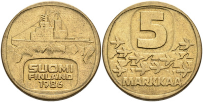 ФИНЛЯНДИЯ 5 МАРОК 1986 N, ЛЕДОКОЛ "URHO" KM 57 алюминиевая бронза 217-842