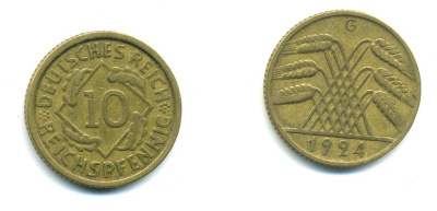 ГЕРМАНИЯ 10 РЕЙХСПФЕННИГОВ 1924 G KM 40, J. 317, Weege 9 алюминиевая бронза 46-1416