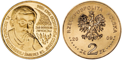 Польша 2 злотых 2009 MW, 25 лет со дня убийства Ежи Попелушко (1947-1984) KM 700 нордик UNC 4676-551