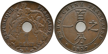 Французский Индокитай 1 цент 1937 А, монетный двор Париж KM 12.1 бронза 4538-125