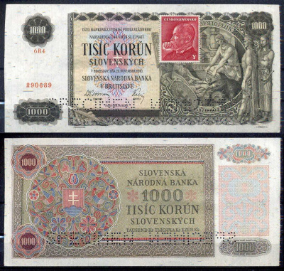 Чехословакия 1000 крон 1940 (1945) Образец, SPECIMEN, с маркой. Pick 56 бумага 00-00