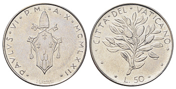 Ватикан 50 лир 1970 MCMLXX, Павел KM 121 нержавеющая сталь UNC 4699-625