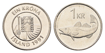 Исландия 1 крона 1991 треска KM 27a сталь плакированная никелем UNC 4696-357