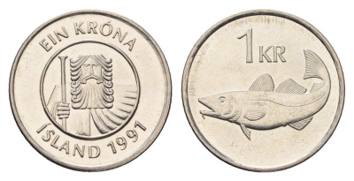 Исландия 1 крона 1991 треска KM 27a сталь плакированная никелем UNC 4696-357