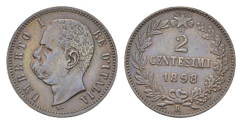 Италия 2 чентезимо 1898 R, Умберто I (1878-1900) KM 30 медь 4580-1236