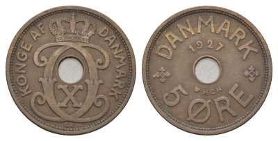 Дания 5 эре 1927 NCH, Кристиан X (1912-1947) KM 828 бронза 4700-754