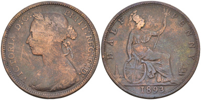 Великобритания 1/2 пенни 1893 Виктория (1837-1901) KM 754, Spink 3956 бронза 4126-731