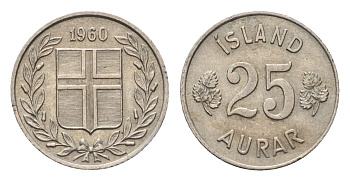 Исландия 25 эйре 1960 KM 11 медно-никель 4696-331