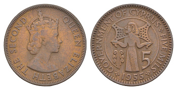 Кипр 5 милей 1955 Елизавета II (1952-2022) KM 34 бронза 4595-115