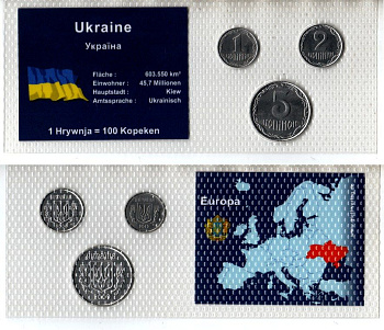 Украина набор из 3 монет (1, 2 и 5 копеек) 2008, 2009 и 2010 в красочной упаковке с информацией о стране KM 4b, 6b и 7b нержавеющая сталь UNC 5-4-1-110