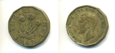 Великобритания 3 пенса 1942 Георг VI (1936-1952) KM 849, Spink 4112 никель латунь 80-1051