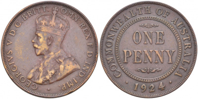 АВСТРАЛИЯ 1 ПЕННИ 1924 ГЕОРГ V KM 23 бронза 4403-922