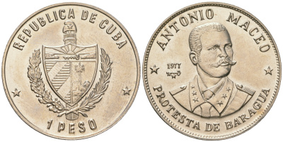 Куба 1 песо 1977 Антонио Масео (1845-1896) KM 189 медно-никель UNC 4165-236