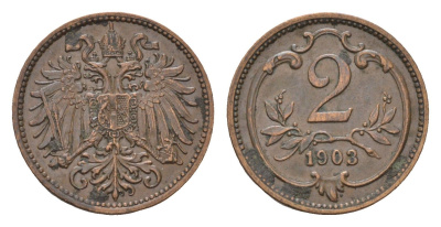 Австрия 2 геллера 1903 Франц Иосиф I (1848-1916) KM 2801 бронза 4702-142