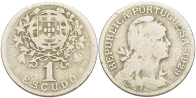 ПОРТУГАЛИЯ 1 ЭСКУДО 1929 ГОЛОВА СВОБОДЫ ВПРАВО KM 578 медно-никель 4517-426
