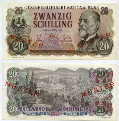 Австрия 20 шиллингов 1956 Карл Ауэр фон Вельсбах, образец - Specimen бумага UNC (пресс) 451-208-2