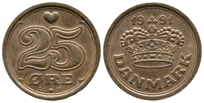 ДАНИЯ 25 ЭРЕ 1991 LG; JP; A, МАРГРЕТЕ II (1972-) KM 868.1 бронза 4110-1725