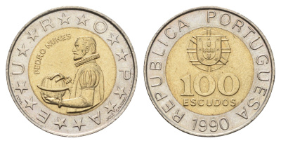 Португалия 100 эскудо 1990 Педру Нуниш (1502-1578), математик KM 645.1 биметалл UNC 4700-1123