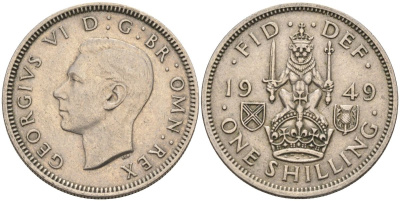 Великобритания 1 шиллинг 1949 Георг VI (1936-1952), Шотландский герб KM 877, Spink 4109 медно-никель 4126-411