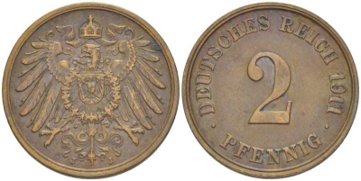 ГЕРМАНИЯ 2 ПФЕННИГА 1911 J KM 16, J. 11, Weege 4 медь 206-614