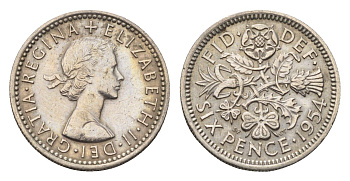 Великобритания 6 пенсов 1954 Елизавета II (1952-2022) KM 903, Spink 4149 медно-никель 4696-819