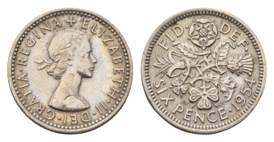 Великобритания 6 пенсов 1954 Елизавета II (1952-2022) KM 903, Spink 4149 медно-никель 4696-819