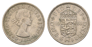 Великобритания 1 шиллинг 1961 Елизавета II (1952-2022), Английский герб KM 904, Spink 4147 медно-никель 4699-514