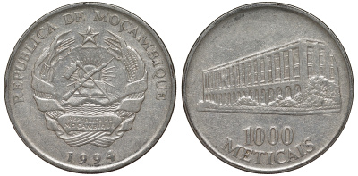 Мозамбик 1000 метикалей 1994 KM 122 никелированная сталь 4162-714