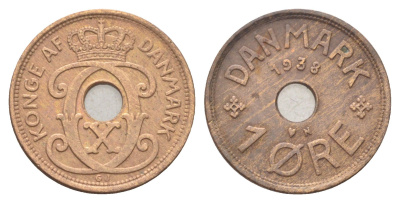 Дания 1 эре 1938 N, Кристиан X (1912-1947) KM 826 бронза 4701-616