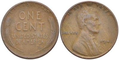 США 1 ЦЕНТ 1941 ЛИНКОЛЬН KM 132 бронза 218-867
