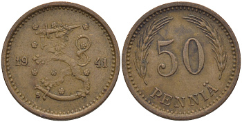 ФИНЛЯНДИЯ 50 ПЕННИ 1941 S KM 26а медь 100-216