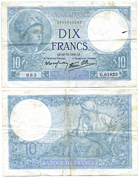 ФРАНЦИЯ 10 ФРАНКОВ 1940 12 ДЕКАБРЯ 1940, МИНЕРВА Pick 84 бумага VF-XF 6293-34-1