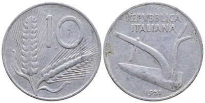 ИТАЛИЯ 10 ЛИР 1951 R. ПЛУГ KM 93 алюминий 54-2024