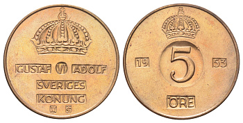 Швеция 5 эре 1953 Густав VI Адольф (1950-1973) KM 822 бронза 4700-733